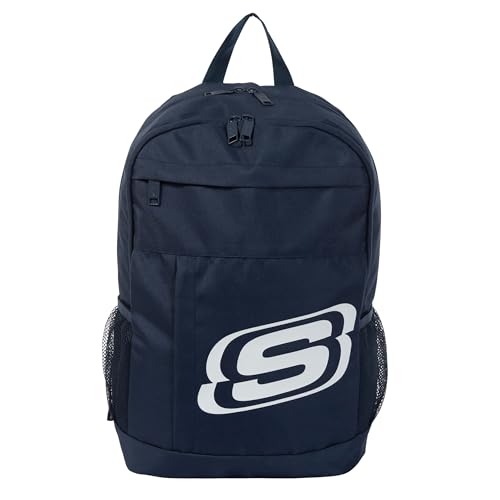 Skechers Mochila de viagem 365 Central para mulheres e homens, mochila universitária, bolsa para laptop, mochila multiuso e bolsa para livros (azul marinho e branco)