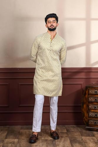 Image of LookMark Men's Printed Silk Blend Kurta with Mandarin Collar, Full Sleeves, Straight Fit Traditional Ethnic Wear