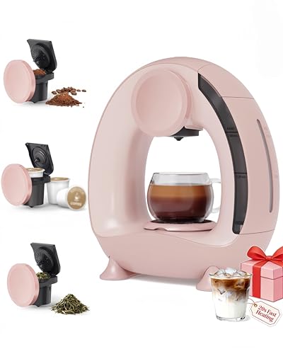 HAILASRE 3 in 1 Single Serve Coffee Maker for K Cup Pink, Ground and Tea Leaves, Mini K Cup Coffee Brewer with One Button Operation, 1400W 20s Fast Heating,Compact for Small Spaces-Glass not included