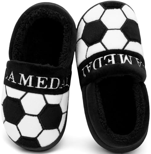 INMINPIN INMINPIN Kids Toddler Ball Sports Slippers Girls Boys Cozy Warm House Shoes Memory Foam Non-Slip Indoor Outdoor Slippers for Sports Fan (Toddler/Little Kid/Big Kid),Soccer Black，2-3 Big Kid