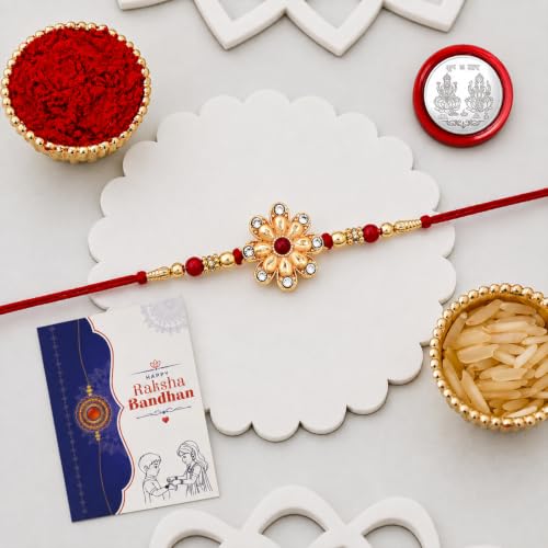 Image of Periapt Multicolor Floral Designer Rakhi for Brother with Roli Chawal, Decorative Shagun Coin & Greeting Card | Gold-Toned Stone Rakhi Gift Set for Raksha Bandhan