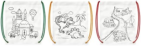 Cardor 15pk Kids Drawstring Colouring Party Bags with 15x Crayon Packs | Non Toxic Color Your Own Backpacks | Each Pack - 5x Dinosaur, 5x Transport & 5x Castle Design Bags | Birthday, Party Favours