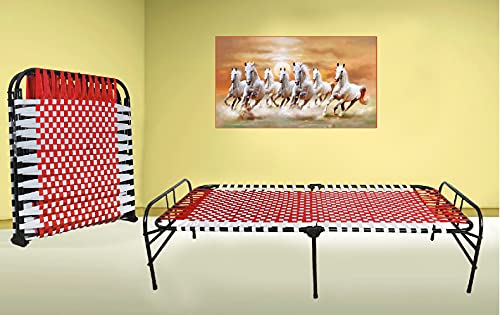 Image of Folding Bed | 1 Year Warranty | Portable Single Bed | 3X6 Feet Bed Size | Strong Iron Steel Metal Frame Pipe | Bed for Sleeping Guest, Easily Storable (Synthetic Stripe, Red)
