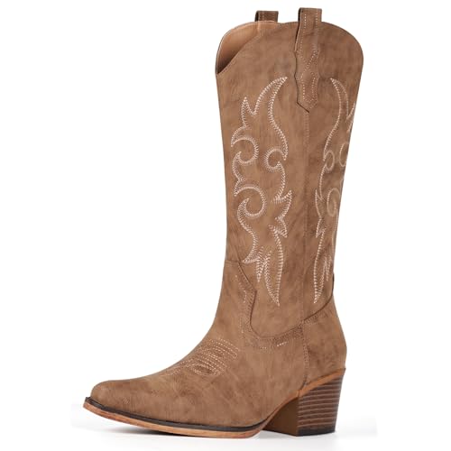 Image of IUV Cowboy Boots For Women Western Cowgirl Boots Mid Calf Snip Toe Boot With Chunky Heel