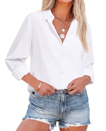 siliteelon Womens Button Down Shirt Linen Button Up Shirts for Women Long Sleeve Summer Shirt Collared Blouse Linen Tops