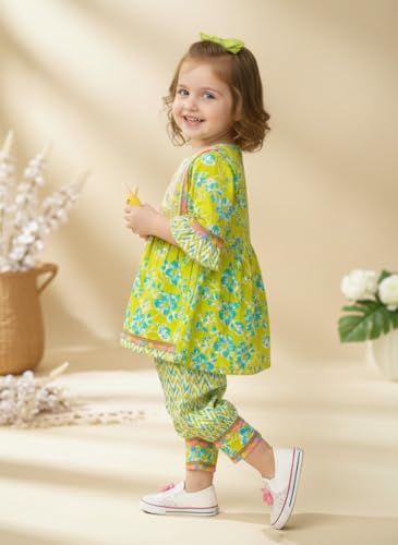 Image of Baby Girls Yellow Ethnic Clothing Set, Mirror Work Embroidered Frock with Zigzag Print Pants, Comfortable Cotton Outfit for Kids