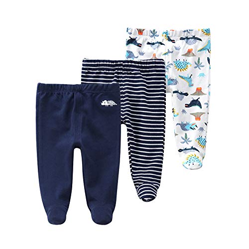 Image of Teach Leanbh Newborn Baby 3 Pack Footed Pants Cotton Embroidery Pringting Casual Leggings 0-12 Months