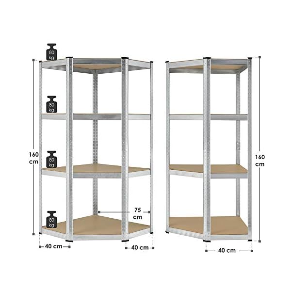Juskys Eckregal Lageregal Corner Easy 160 x 75 x 40-75 cm | 320 kg | 4 Böden aus MDF Holz | Metall verzinkt… – Bild 3