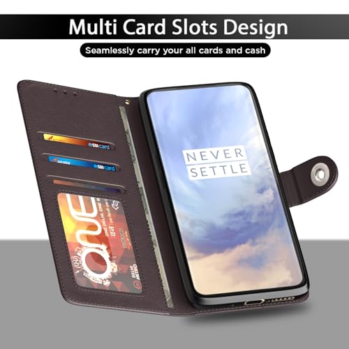 Image of Pikkme Flip Cover Leather Finish | Inside TPU with Card Pockets | Wallet Stand and Shock Proof | Complete Protection Button Flip Case for OnePlus 7 Pro (Coffee)