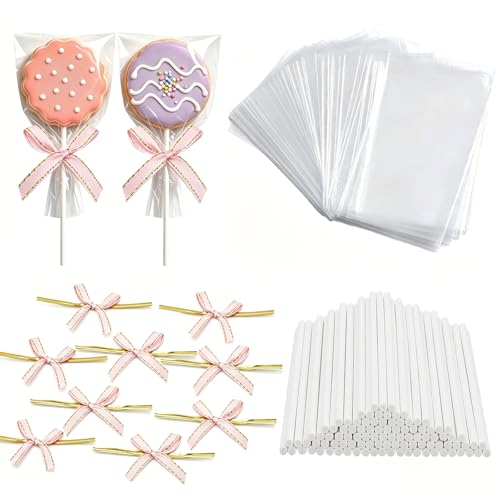 Hazyore 100 Pcs Clear Rice Krispie Treat Bags 3.94 In 6.3 In Rice Crispy Treat Bags With Sticks And Ties Bow Individually Wrapped Packaging For Marshmallow Candy Apple Cookies Cake