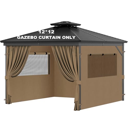 Universal Replacement Privacy Curtains for Gazebos, 12x12 ft Outdoor Waterproof with Large Mosquito-Proof Window Opening, 2-Piece Four-Sided Side Walls with Zippers (Curtains Only, Khaki) by VivaPeak - Used condition - US$69.11