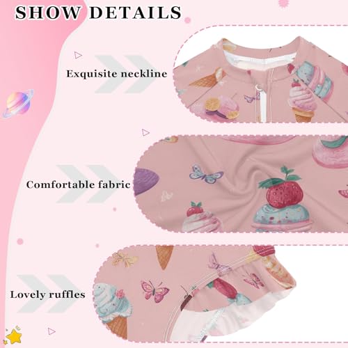 ALAZA Toddler Swimsuit Girl Bathing Suit Swimwear Rash Guard Ice Cream Sunhat Long Sleeve 3T4