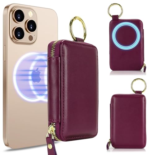 Image of Compatible with MagSafe Wallet,Magnetic Phone Wallet Card Holder for iPhone 17 /16 Pro Max /15 plus /14 Pro /13 /12 Series,PU Leather Zipper Pocket Adjustable Stand-Rose red