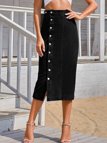 Image of Aahwan Blue Midi Denim Pencil Front Button Side Slit Skirt for Women's & Girl's