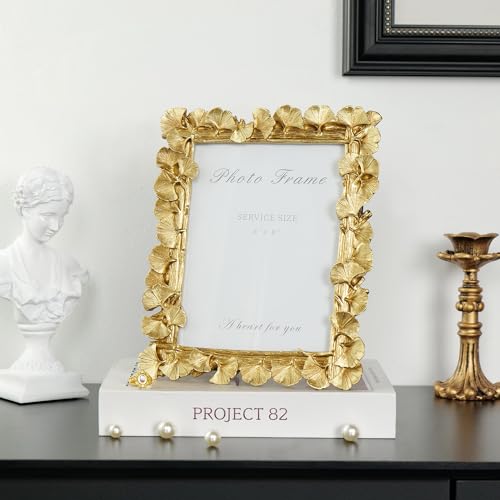 6x8 Picture Frame Gold, Vintage Ornate Leaf Textured Hand-Crafted Resin with Glass Front Antique Photo Frame for Tabletop Display, Retro Design Home Decor