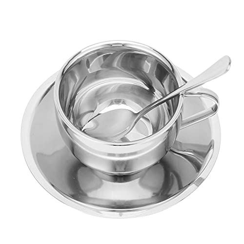 Zerodis Coffee Cup Stainless Steel Coffee Mug Set Double?Layer Insulation Milk Mug with Spoon Saucer Household for Cappuccino, Hot Cocoa, Tea, Milk(A)