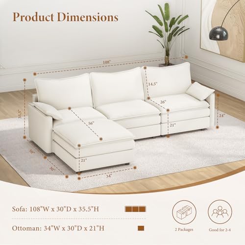 Image of Vesgantti 108 inch Modular Sectional Sofa, Comfy Cloud Couch with Movable Ottoman Deep Seat Chenille L Shaped Modular Sofa, Sectional Couches for Living Room, Bedroom and Apartment, Snow White