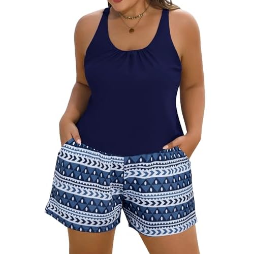 Arolina Women's Plus Size Swim Romper One Piece Swimsuits Modest Bathing Suit with Pockets (S-24W) Medium Navy Cube