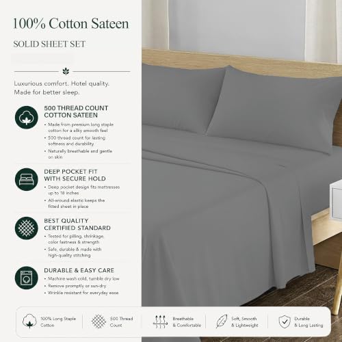 Image of Feather & Stitch 500 TC Full Size 4pc Damask Bed Sheet Set, 100% Soft Cotton Breathable Bedsheets, 18 inch Deep Pockets Sateen Weave Solid Bedding Mattress Resort Hotel Luxury Decor - (Ash Grey)
