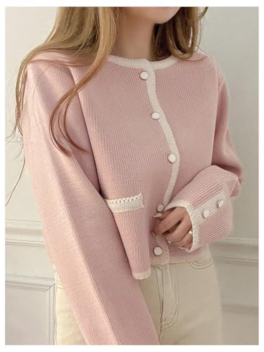 GORGLITTER Women's Button Up Cardigan Long Sleeve Open Front Contrast Binding Lightweight Fall Sweater Tops2