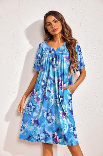 Image of Ekouaer 2 Pack House Dresses for Women with Pockets Short Sleeve Moo Moos Floral Print Mumu Dresses