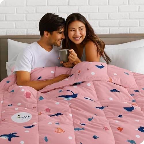 Image of 200 GSM 400 TC Kids Glace Cotton Reversible Cartoon Printed Double Bed King Size Comforter with Matching Bedsheet 90 * 100 with 2 Pillow Covers Set of 4 Pieces (Shark)