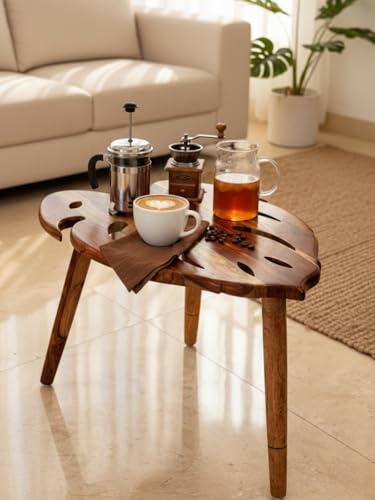 Image of Solid Sheesham Wood Leaf Shape Coffee Table | Modern Wooden Center Table for Living Room | Designer Tea Table | Small Side Table for Sofa Balcony Bedroom | Stylish Home Furniture | Natural Finish
