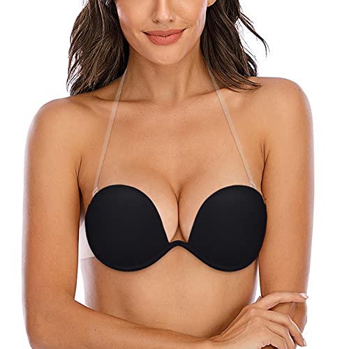 Hansca Sticky Backless Strapless Plunge Self Adhesive Invisible Bras For Women Underwired Push Up (Color Black, Size Cup Dd) #TOP13