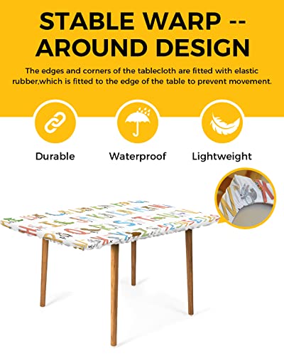 Letter Tablecloth Fitted Table Cover for 4ft Tables - Waterproof Wipeable Elastic Table Cloth for Outdoor Picnic Camping Dining Party, Colorful Cartoon Kids Alphabet Educational Cute Animal 24
