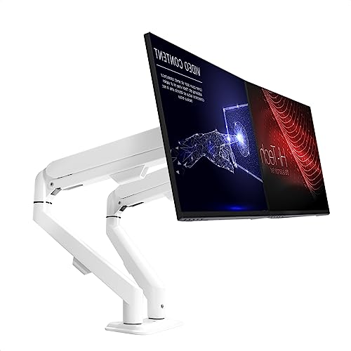 Image of White Dual Monitor Arm Desk Mount, Slim Gas Spring Double Monitor Stand for 2 Screens 17-30 Inch, Full Motion Adjustable VESA Mount Bracket with C-Clamp /Grommet Base, Fits Max 19.8lbs Per Arm