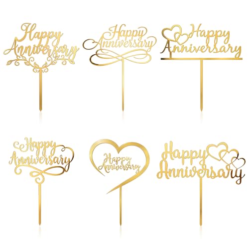 6 PCS Happy Anniversary Cake Topper Gold Acrylic Happy Anniversary Cake Sign for Wedding Cakes Decoration Party Supplies