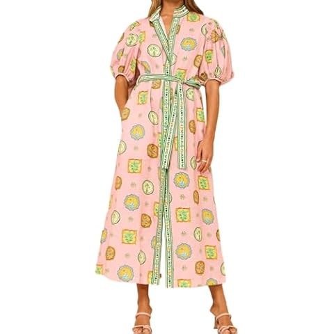 Puff Sleeve Maxi Dress Women Summer Graffiti Y2k Dress Vintage Boho Tropical Dress Floral Colorful Dresses (Pink,M,Medium) Cover