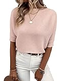 SweatyRocks Women's Half Sleeve Boat Neck Knitted Top Casual Pullover Plain Tee Shirt Pink M
