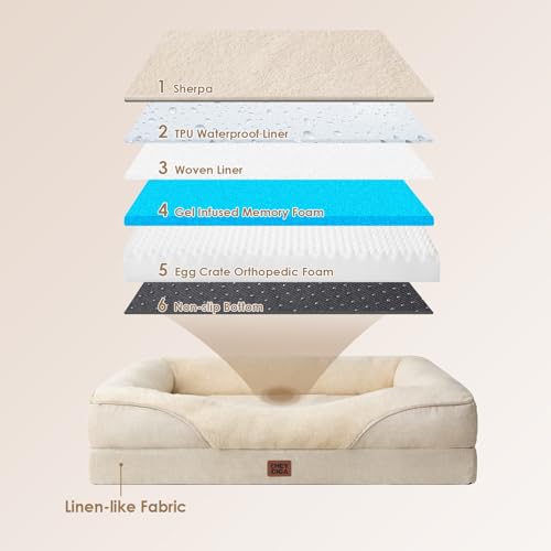 EHEYCIGA Orthopädisches Hundebett Grosse Hunde, 106.5x76x18.5cm, Memory Foam Waschbar und Wasserdicht Hundekorb mit 4 Rändern, Hundesofa Hundecouch rutschfest, Beige
