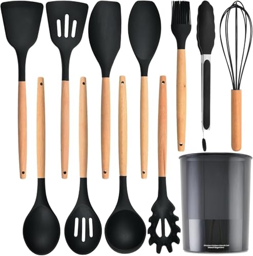 Image of SKYTONE Silicone Kitchen Spatula and Utensils Spoon Set 12-Piece Silicone Kitchen Cooking Utensils Set, Non-Stick Utensils Set Heat Resistant Easy Clean, BPA Free (Black)