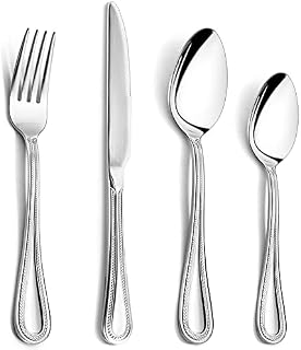 Cutlery Set, Joyfair Stainless Steel 16 Pieces Bead Flatware Silverware Sets for 4, Knife Spoon Fork Set for Home/Party/ Camping/Gift, Front Back with Pearled Edge, Mirror Polish & Dishwasher Safe