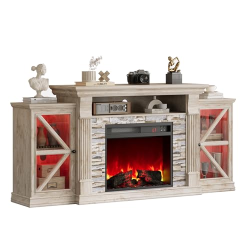 QUW Electric Fireplace TV Stand, 70" Farmhouse Entertainment Center with