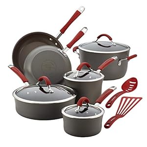 Rachael Ray – 87630 Rachael Ray Cucina Hard Anodized Nonstick Cookware Pots and Pans Set, 12 Piece, Gray with Red Handles