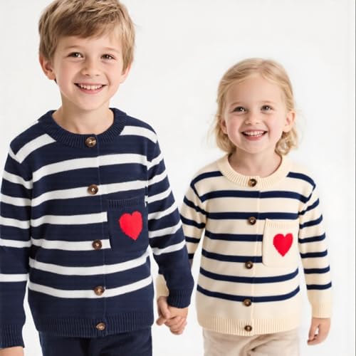Winmany Toddler Cardigan Sweater Kids Striped Knit Button Down Sweater with Heart Pocket, Soft Cotton Cardigan for Girls Boys3