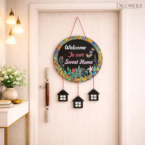 Image of DECORIQUE Welcome Wall Hanging for Home Decor Handmade Pastel Multi Feather Craft for Bedroom Living Room Balcony, Garden, Cafe and Office Decoration Decorative Wall Art for Gifts