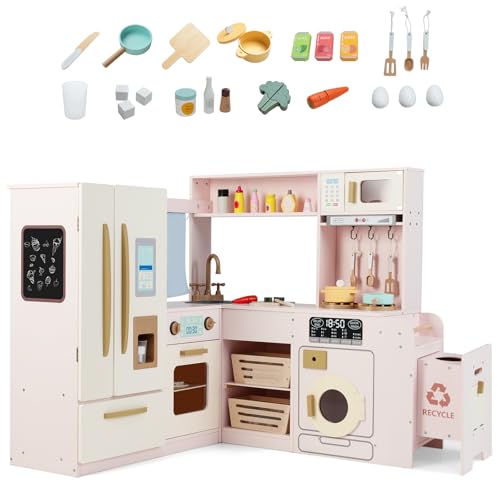 Image of Costzon Corner Kitchen Playset, Kitchen Toy Set w/Real Lights & Sounds, Large Fridge, Ice Maker, Oven, Microwave, Washer, Trash Can & 22 Accessories, Wooden Pretend Play Kitchen for Kids 3+ (Pink)