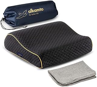 Alkamto camping pillow with wave-travel pillow-neck support pillow-ergonomic memory foam-black thermo-regulating cover with extra cotton cover-with waterproof carry bag for travel/outdoor 35x30x10/8cm
