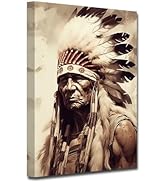 CXHOSTENT Native American Canvas Wall Art Indian Chief Headdress Feathered Picture Prints Retro I...