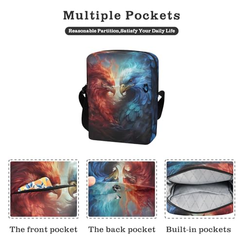 Crossbody Bag Blue Ice Fire Flame Bald Eagle Fight Messenger Bag for Women Men Purse Shoulder Bag Satchel Bag with Adjustable Strap 214A56542