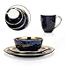 Stone Lain Porcelain 16 Piece Dinnerware Set, Service for 4, Blue and Golden Rim, Dark Blue