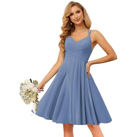 Raseal Chiffon V Neck Bridesmaid Dress for Women Pleated Knotted Waistline Short Chiffon Bridesmaid Dress for Wedding Steel Blue 0 Cover
