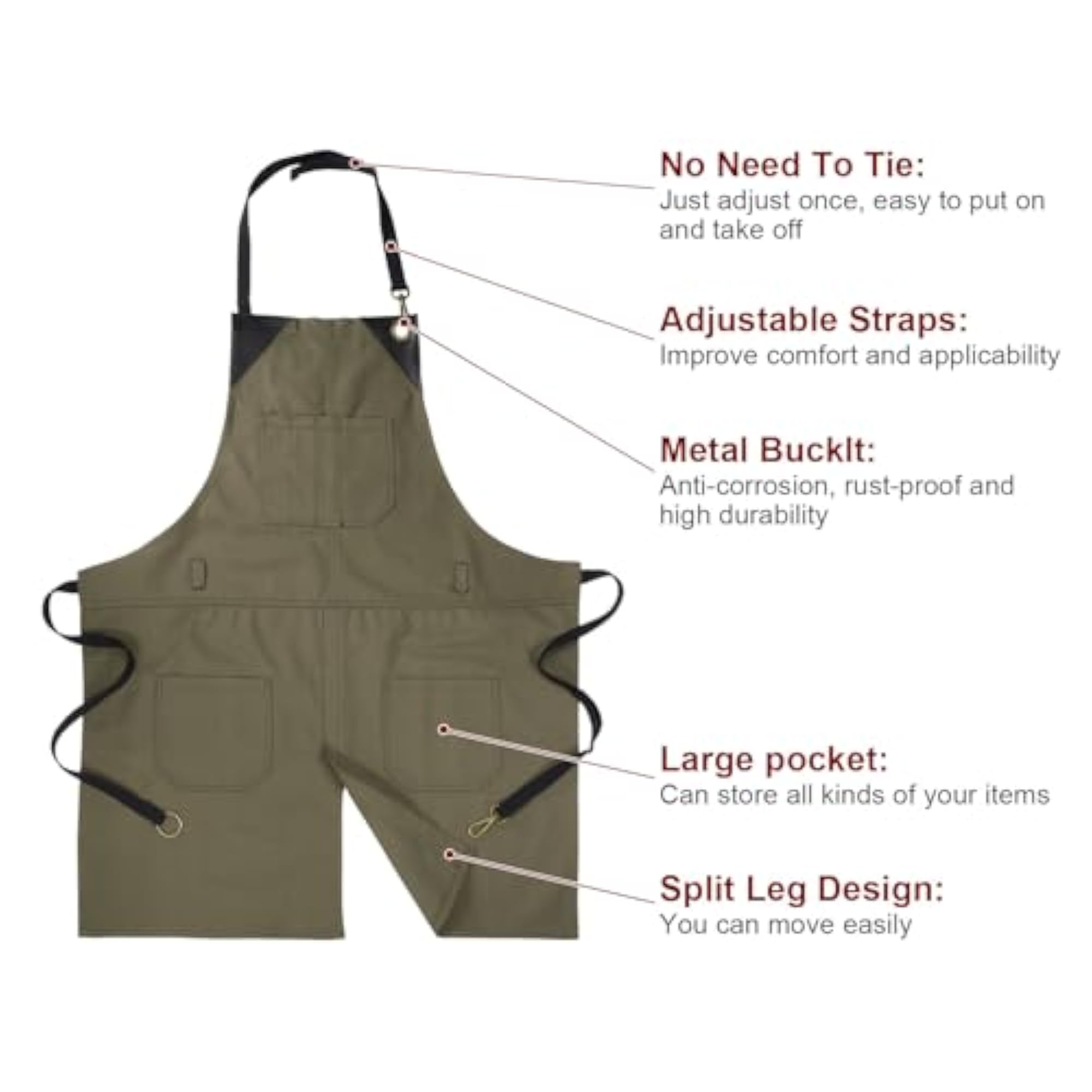 No-Tie Twill Apron with Leather Reinforcement, Adjustable Chef Apron