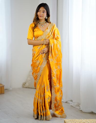 Image of SIRIL Women's Satin Embroidery And Scalloped Border Saree With Unstitched Blouse Piece