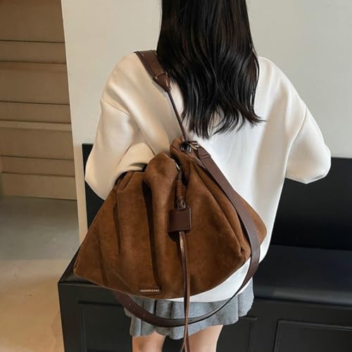 Women's Retro Suede Bag Drawstring Crossbody Purse Faux Suede Shoulder Handbag Bucket Hobo Bag Fall Winter Satchel Tote Purse3