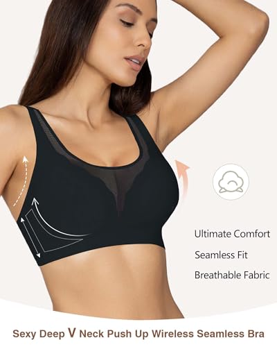 Image of Womens Wireless Bra No Underwire Seamless Push Up Bra Comfort Full Coverage Padded Soft Vneck Everyday Bralette
